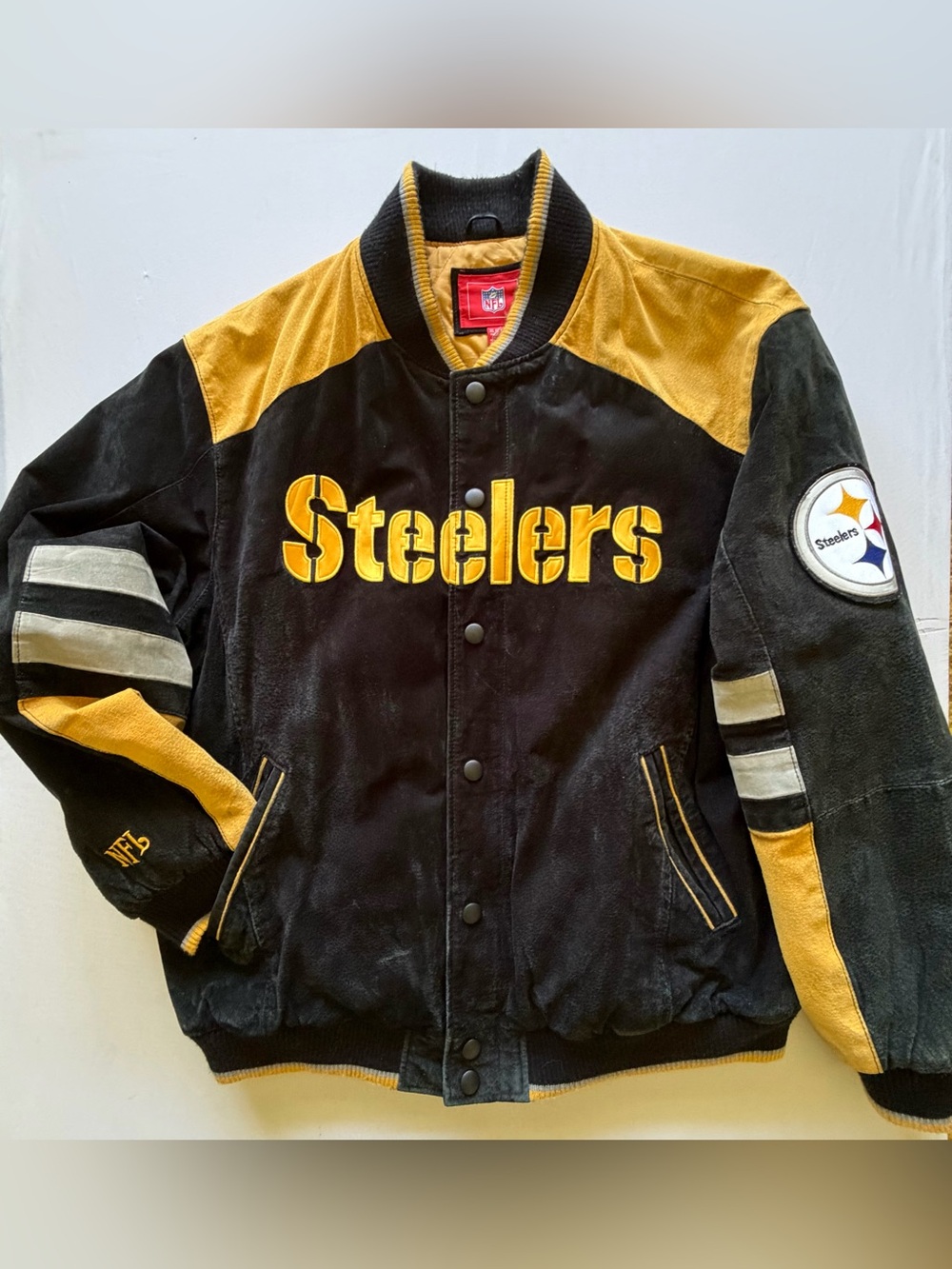 Vintage NFL Pittsburgh Steelers Leather Bomber Jacket Mens XL Black/Yellow G-III